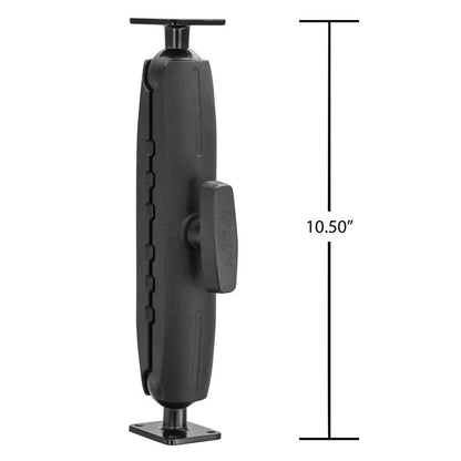 The Heavy Duty Metal AMPS Mounting Pedestal, featuring a 38mm ball and central knob, is shown vertically beside a measurement line indicating its 10.50-inch height for secure mounting.