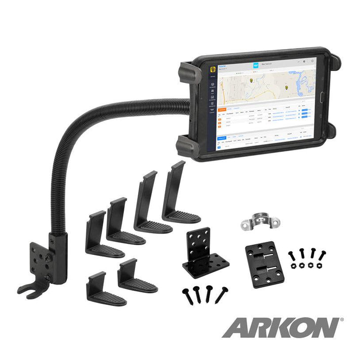 The ARKON Heavy-Duty Truck Seat Rail or Floor Slim-Grip® Tablet Mount with 22-inch Arm is a flexible, black kit with adjustable holder, mounting brackets, screws, and hardware—ideal for car or seat rail use. A tablet in the holder shows a map and data.