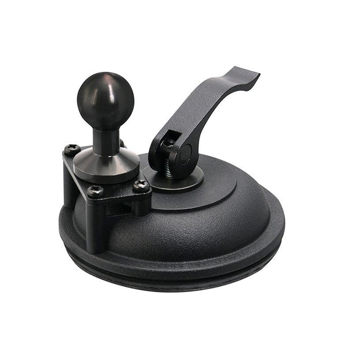 The Heavy-Duty Windshield Suction Base with Metal 25mm (1 inch) Ball features a black and silver design, round handle, lever arm, and a secure suction mount for smooth surfaces—ideal for versatile mounting needs.