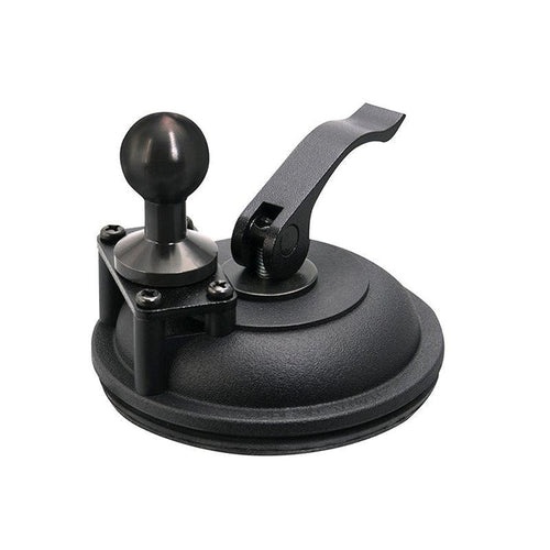 The Heavy-Duty Windshield Suction Base with Metal 25mm (1 inch) Ball features a black and silver design, round handle, lever arm, and a secure suction mount for smooth surfaces—ideal for versatile mounting needs.