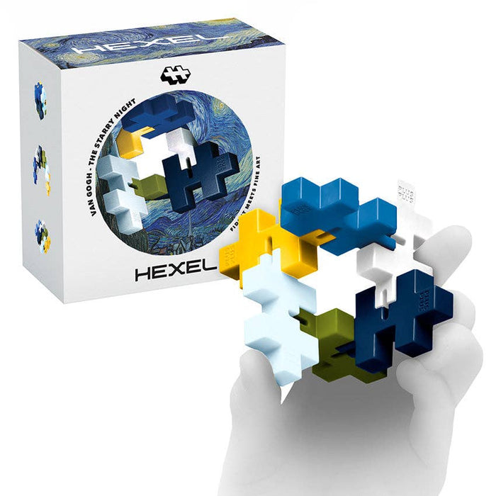 Hexel puzzle set with colorful interlocking pieces and packaging featuring Van Gogh's 'The Starry Night'.