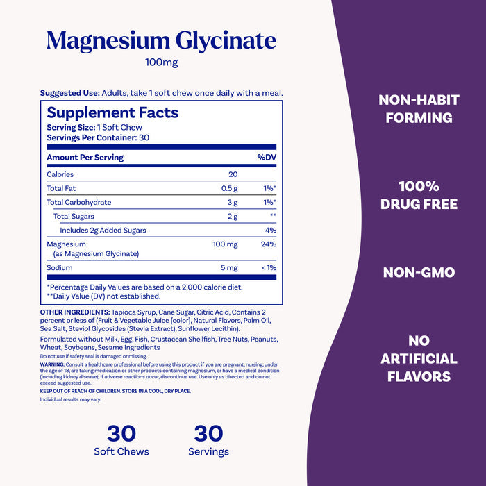 High Absorption Magnesium Glycinate Soft Chews, 100mg