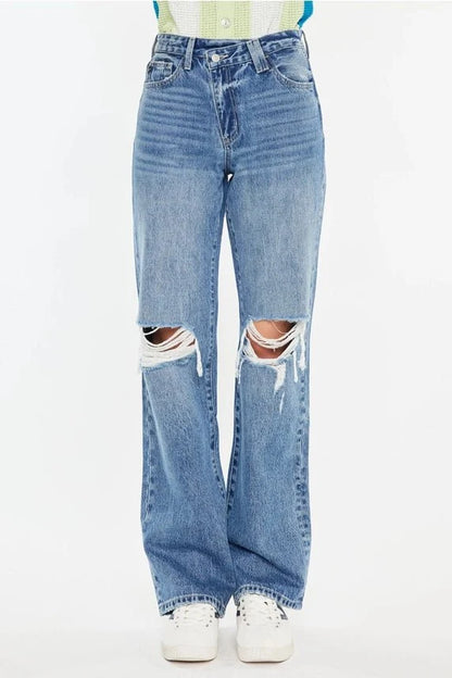 High-Rise Criss Cross Straight Distressed Jeans1
