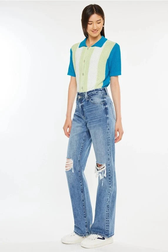 High-Rise Criss Cross Straight Distressed Jeans1