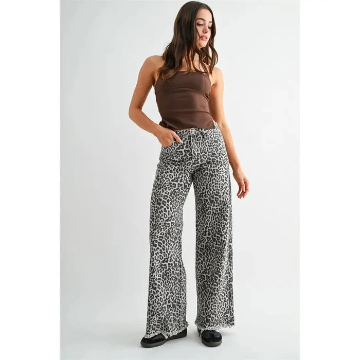 High-Rise Leopard Wide Leg Frayed Hem Pants24