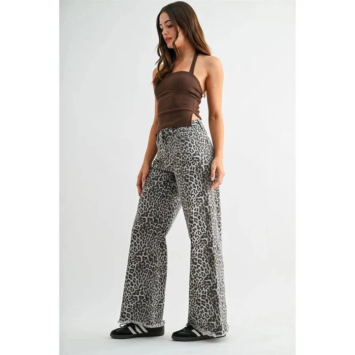 High-Rise Leopard Wide Leg Frayed Hem Pants24