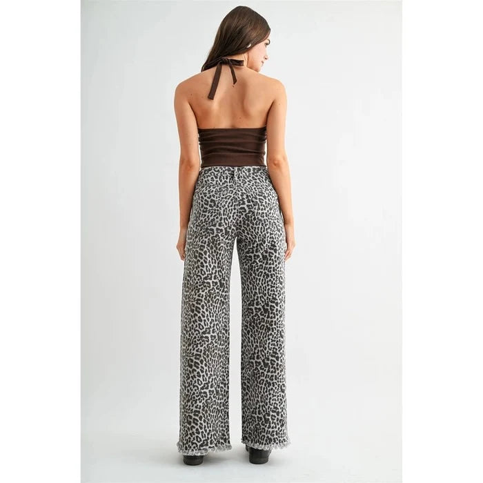 High-Rise Leopard Wide Leg Frayed Hem Pants24