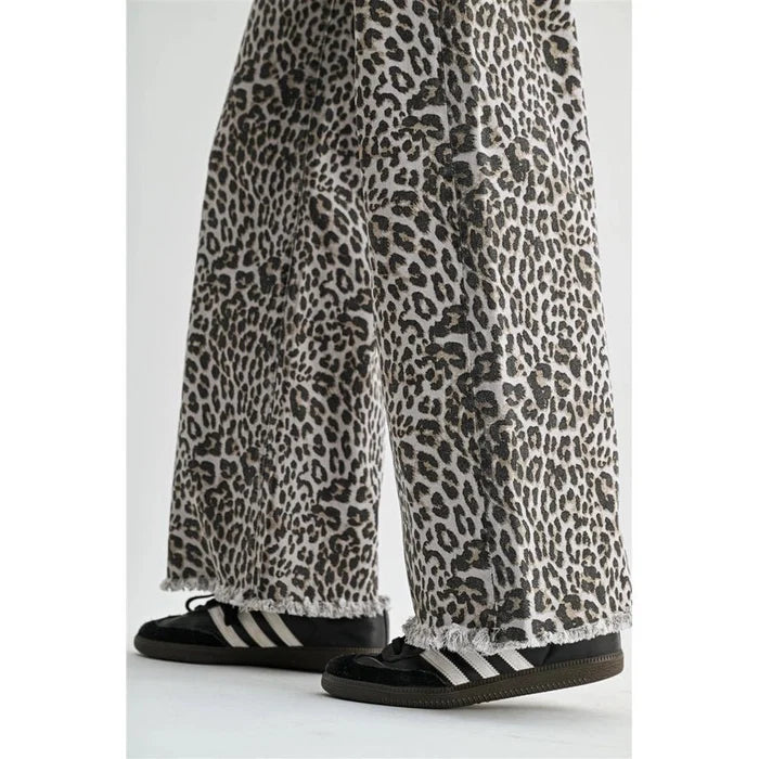High-Rise Leopard Wide Leg Frayed Hem Pants24