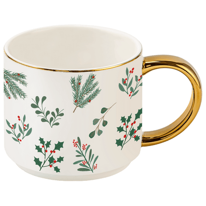Holiday Greenery 14 oz Gold Handle Coffee Mug - Sweet Water Decor - Coffee Mugs