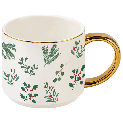 Holiday Greenery 14 oz Gold Handle Coffee Mug - Sweet Water Decor - Coffee Mugs