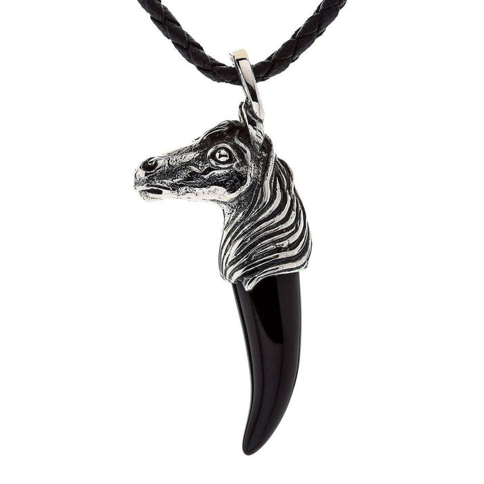 Sterling silver horse head pendant with black onyx fang front view on leather cord
