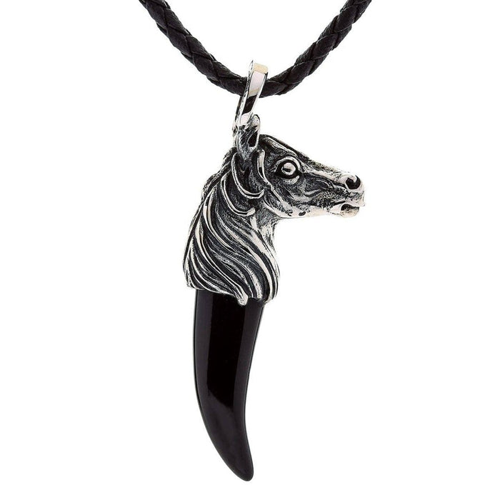 Handcrafted horse head necklace in 925 sterling silver with black onyx tusk side profile