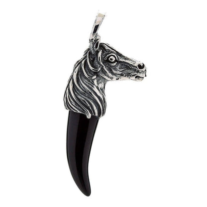 Silver horse head pendant with genuine black onyx fang pendant only front