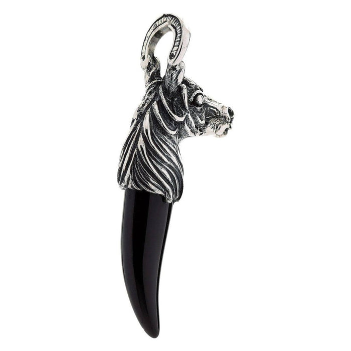 Handmade sterling silver horse jewelry with horseshoe bail and black onyx tusk