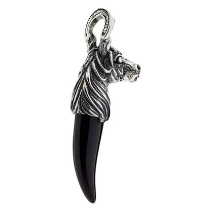 Handmade sterling silver horse jewelry with horseshoe bail and black onyx tusk