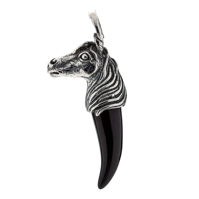 925 sterling silver horse pendant with flowing mane detail and black onyx fang left side