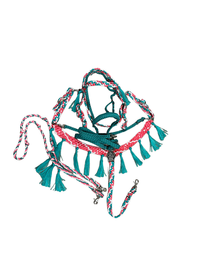 horse mule tape tack set,  (fringe breast collar, wither strap, reins, tie down,  and bridle)