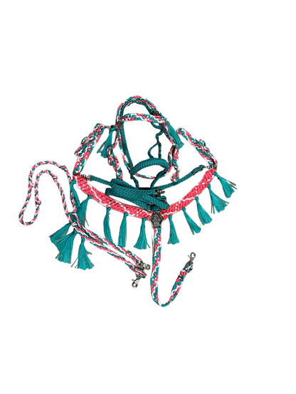 horse mule tape tack set,  (fringe breast collar, wither strap, reins, tie down,  and bridle)