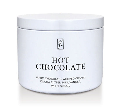 Candle tin of 'Hot Chocolate' on a white background