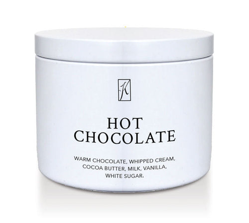 Candle tin of 'Hot Chocolate' on a white background