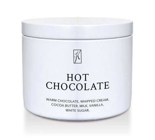 Candle tin of 'Hot Chocolate' on a white background