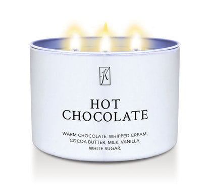 Candle in a white container labeled 'Hot Chocolate' with flames on a white background