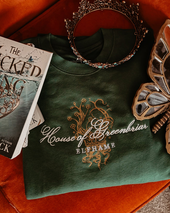 House of Greenbriar Embroidered Premium Sweatshirt - The Bean Workshop - Bookish Sweatshirt, Cardan Greenbriar sweater for readers, Dark Academia, Elfhame, Faeriecore aesthetic, Fantasy Royalty, High King, Holly Black licensed apparel, House of Greenbriar merch, Jurdan, Literary Gift, Royalcore, The Cruel Prince embroidered sweatshirt