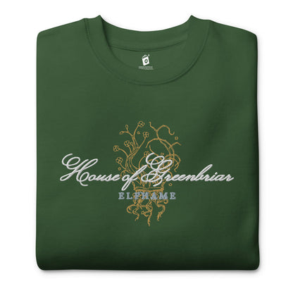 House of Greenbriar Embroidered Premium Sweatshirt - The Bean Workshop - Bookish Sweatshirt, Cardan Greenbriar sweater for readers, Dark Academia, Elfhame, Faeriecore aesthetic, Fantasy Royalty, High King, Holly Black licensed apparel, House of Greenbriar merch, Jurdan, Literary Gift, Royalcore, The Cruel Prince embroidered sweatshirt