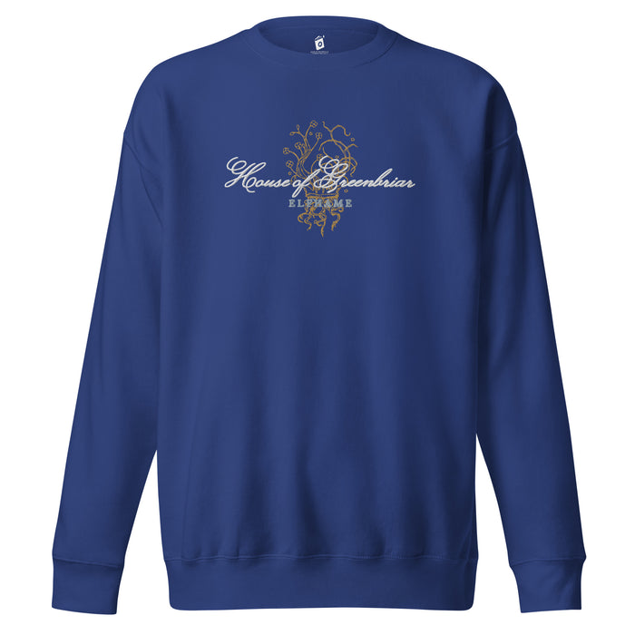 House of Greenbriar Embroidered Premium Sweatshirt - The Bean Workshop - Bookish Sweatshirt, Cardan Greenbriar sweater for readers, Dark Academia, Elfhame, Faeriecore aesthetic, Fantasy Royalty, High King, Holly Black licensed apparel, House of Greenbriar merch, Jurdan, Literary Gift, Royalcore, The Cruel Prince embroidered sweatshirt