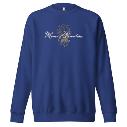 House of Greenbriar Embroidered Premium Sweatshirt - The Bean Workshop - Bookish Sweatshirt, Cardan Greenbriar sweater for readers, Dark Academia, Elfhame, Faeriecore aesthetic, Fantasy Royalty, High King, Holly Black licensed apparel, House of Greenbriar merch, Jurdan, Literary Gift, Royalcore, The Cruel Prince embroidered sweatshirt