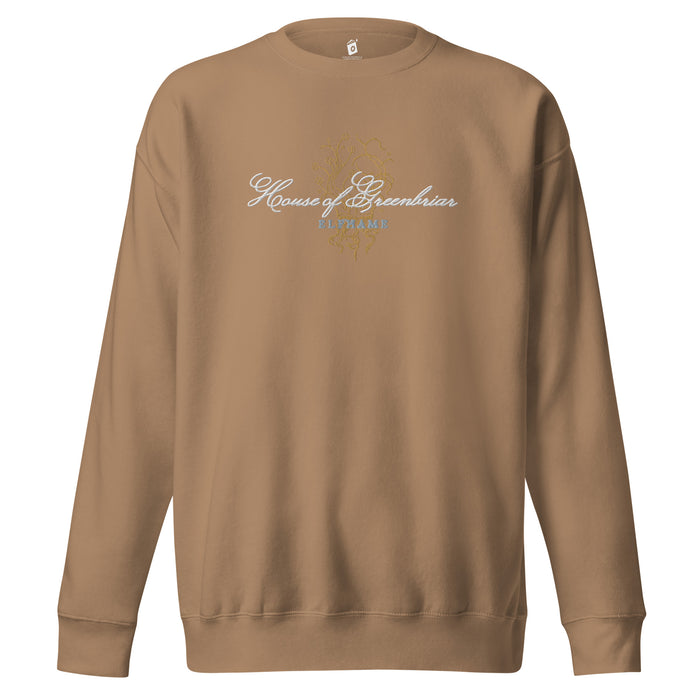 House of Greenbriar Embroidered Premium Sweatshirt - The Bean Workshop - Bookish Sweatshirt, Cardan Greenbriar sweater for readers, Dark Academia, Elfhame, Faeriecore aesthetic, Fantasy Royalty, High King, Holly Black licensed apparel, House of Greenbriar merch, Jurdan, Literary Gift, Royalcore, The Cruel Prince embroidered sweatshirt