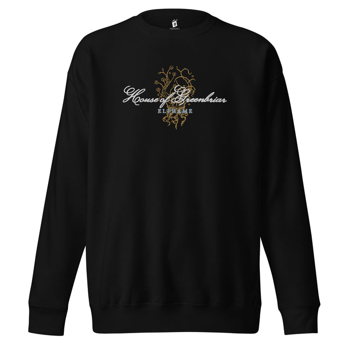 House of Greenbriar Embroidered Premium Sweatshirt - The Bean Workshop - Bookish Sweatshirt, Cardan Greenbriar sweater for readers, Dark Academia, Elfhame, Faeriecore aesthetic, Fantasy Royalty, High King, Holly Black licensed apparel, House of Greenbriar merch, Jurdan, Literary Gift, Royalcore, The Cruel Prince embroidered sweatshirt