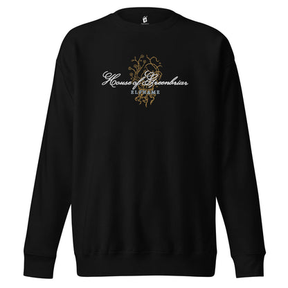 House of Greenbriar Embroidered Premium Sweatshirt - The Bean Workshop - Bookish Sweatshirt, Cardan Greenbriar sweater for readers, Dark Academia, Elfhame, Faeriecore aesthetic, Fantasy Royalty, High King, Holly Black licensed apparel, House of Greenbriar merch, Jurdan, Literary Gift, Royalcore, The Cruel Prince embroidered sweatshirt