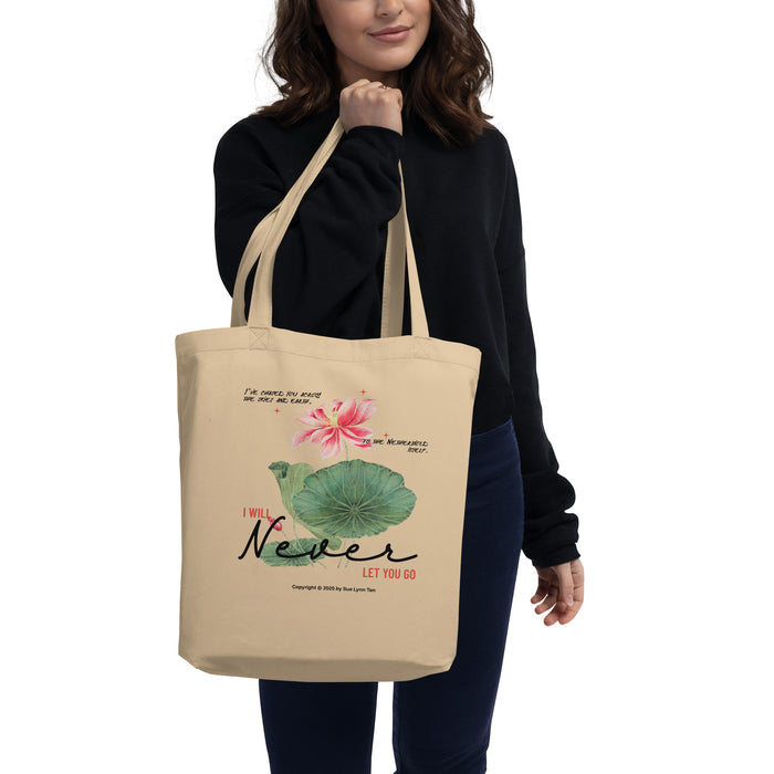 I Will Never Let You Go Organic Cotton Twill Tote Bag - The Bean Workshop - Book lover gift idea, Bookish aesthetic, Celestial Kingdom, Enemies to lovers merch, Immortal, Immortal quote shirt, organic cotton twill tote bag, Sue Lynn Tan, tote, Watercolor lotus, Zhangwei and Liyen