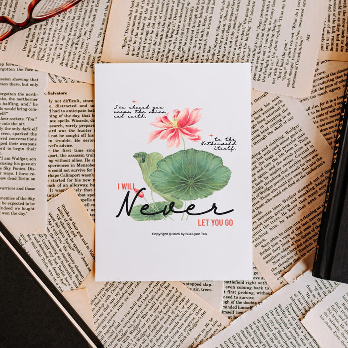 I Will Never Let You Go Poster - The Bean Workshop - Book lover gift idea, Bookish aesthetic, Celestial Kingdom, Enemies to lovers merch, Immortal, Sue Lynn Tan, Watercolor lotus, Zhangwei and Liyen