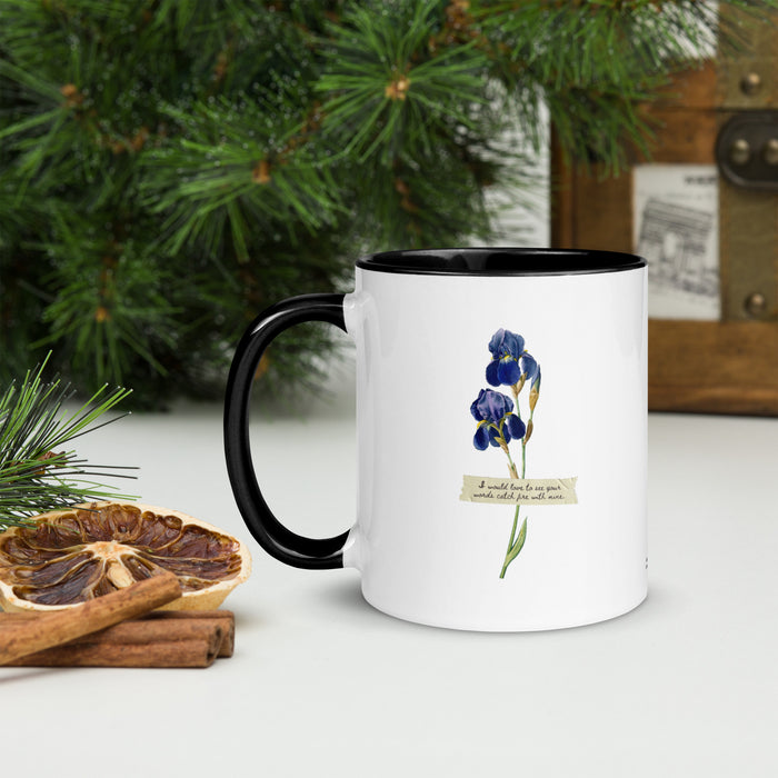 I Would Love to See Your Words Catch Fire with Mine Mug - The Bean Workshop - Book Lover Mug, Bookish gift for readers, Dark Academia Aesthetic, Divine Rivals, Divine Rivals mug, Fantasy Book Merch., Iris and Roman, Iris Winnow, Letters of Enchantment, Letters of Enchantment merch, Literary Mug, Rebecca Ross, Rebecca Ross coffee cup, Vintage Floral, Words catch fire quote, Writer Gift