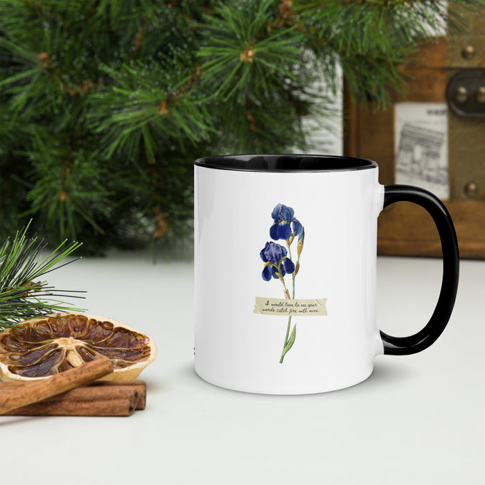 I Would Love to See Your Words Catch Fire with Mine Mug - The Bean Workshop - Book Lover Mug, Bookish gift for readers, Dark Academia Aesthetic, Divine Rivals, Divine Rivals mug, Fantasy Book Merch., Iris and Roman, Iris Winnow, Letters of Enchantment, Letters of Enchantment merch, Literary Mug, Rebecca Ross, Rebecca Ross coffee cup, Vintage Floral, Words catch fire quote, Writer Gift
