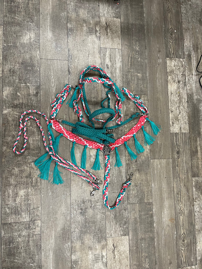 horse mule tape tack set,  (fringe breast collar, wither strap, reins, tie down,  and bridle)
