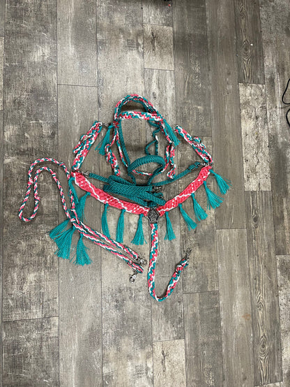 horse mule tape tack set,  (fringe breast collar, wither strap, reins, tie down,  and bridle)
