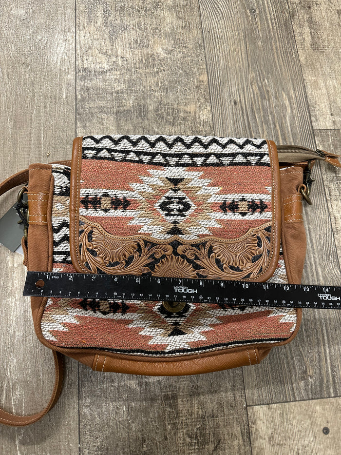 Tapestry and leather shoulder  bag with leather strap