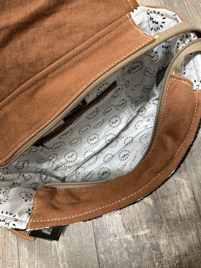 Tapestry and leather shoulder  bag with leather strap