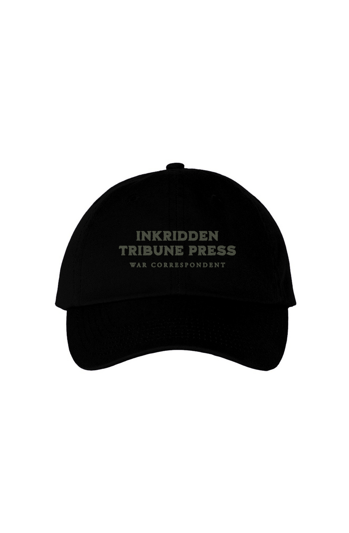 Inkridden Tribune Press War Correspondent Embroidered Bio-Washed Dad Hat - The Bean Workshop - cozy gift, Divine Rivals, divine rivals embroidered hat, hat, Inkridden Tribune, Inkridden Tribune apparel for readers, inkridden tribune press hat for readers, Rebecca Ross, Rebecca Ross book merch, Rebecca Ross fan merchandise