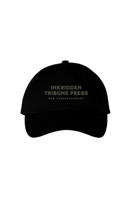 Inkridden Tribune Press War Correspondent Embroidered Bio-Washed Dad Hat - The Bean Workshop - cozy gift, Divine Rivals, divine rivals embroidered hat, hat, Inkridden Tribune, Inkridden Tribune apparel for readers, inkridden tribune press hat for readers, Rebecca Ross, Rebecca Ross book merch, Rebecca Ross fan merchandise