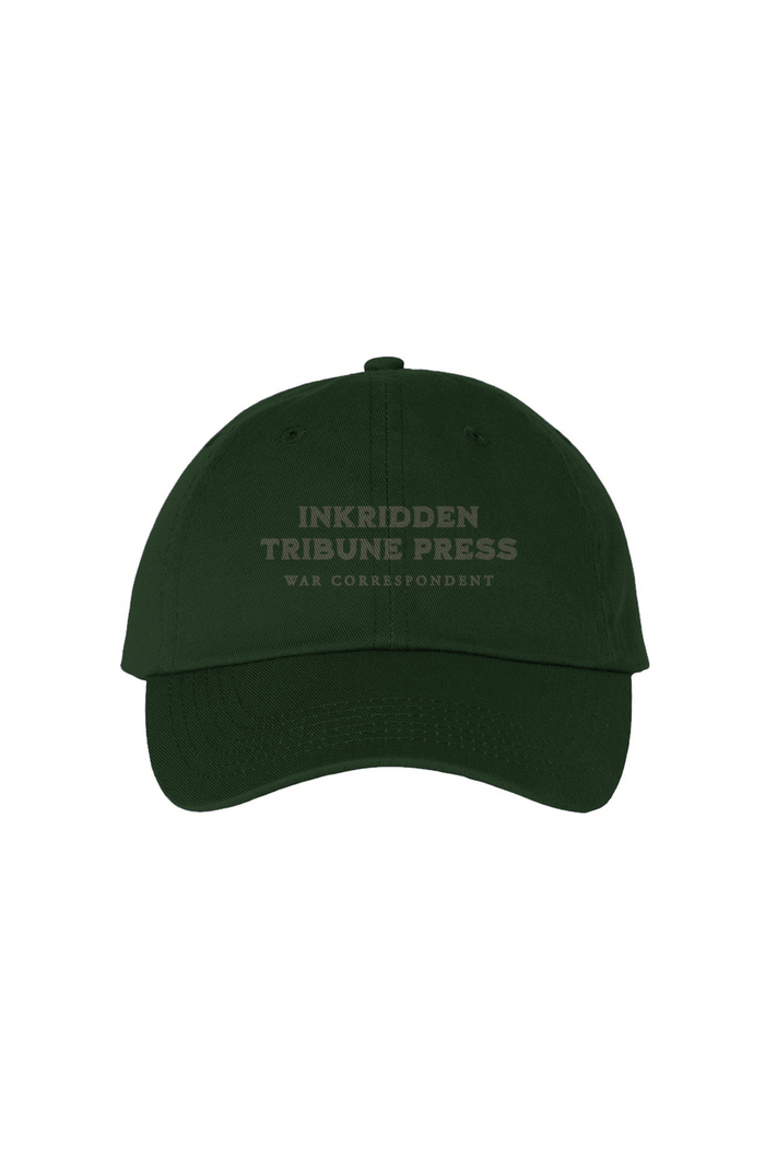 Inkridden Tribune Press War Correspondent Embroidered Bio-Washed Dad Hat - The Bean Workshop - cozy gift, Divine Rivals, divine rivals embroidered hat, hat, Inkridden Tribune, Inkridden Tribune apparel for readers, inkridden tribune press hat for readers, Rebecca Ross, Rebecca Ross book merch, Rebecca Ross fan merchandise