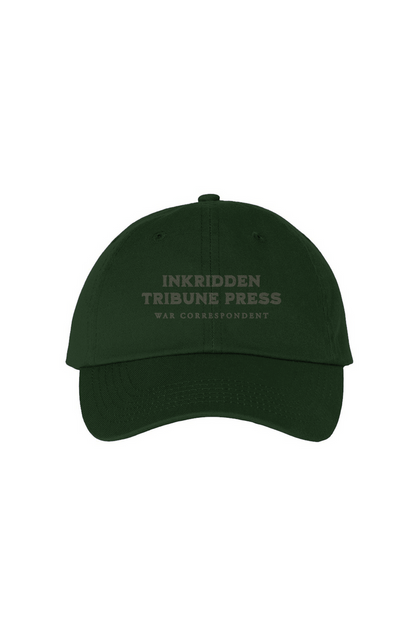 Inkridden Tribune Press War Correspondent Embroidered Bio-Washed Dad Hat - The Bean Workshop - cozy gift, Divine Rivals, divine rivals embroidered hat, hat, Inkridden Tribune, Inkridden Tribune apparel for readers, inkridden tribune press hat for readers, Rebecca Ross, Rebecca Ross book merch, Rebecca Ross fan merchandise