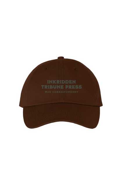 Inkridden Tribune Press War Correspondent Embroidered Bio-Washed Dad Hat - The Bean Workshop - cozy gift, Divine Rivals, divine rivals embroidered hat, hat, Inkridden Tribune, Inkridden Tribune apparel for readers, inkridden tribune press hat for readers, Rebecca Ross, Rebecca Ross book merch, Rebecca Ross fan merchandise