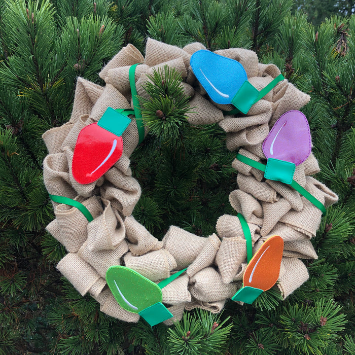 In the hoop Sting lights Felties on a burlap wreath by snugglepuppyapplique.com