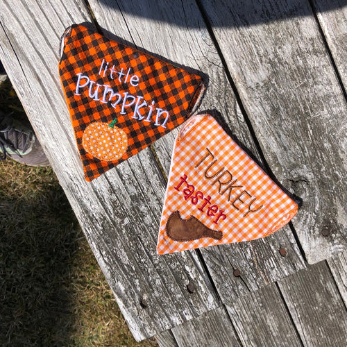 In the hoop Thanksgiving bandans "little Pumpkin" and "turkey Taster" by snugglepuppyapplique.com