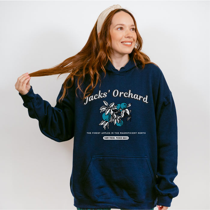 Jacks' Orchard Hoodie - The Bean Workshop - Blue Apple Graphic, Fantasy Romance, hoodie, Jacks Prince of Hearts Merch, once upon a broken heart, ouabh, Premium Winter Wear, Retro Farm Aesthetic, stephanie garber, The Magnificent North, Thick Pullover, Vintage Logo