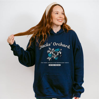 Jacks' Orchard Hoodie - The Bean Workshop - Blue Apple Graphic, Fantasy Romance, hoodie, Jacks Prince of Hearts Merch, once upon a broken heart, ouabh, Premium Winter Wear, Retro Farm Aesthetic, stephanie garber, The Magnificent North, Thick Pullover, Vintage Logo
